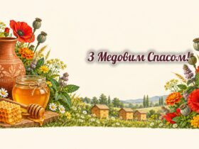 Листівки з Медовим Спасом: мед у глечику, стільники, маковійчик і вулики на луці