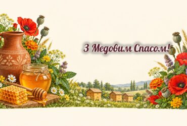 Листівки з Медовим Спасом: мед у глечику, стільники, маковійчик і вулики на луці