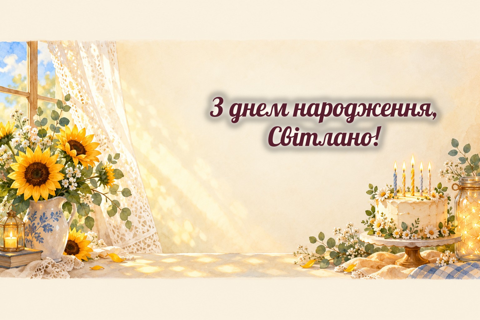 З днем народження, Світлано: сонячні промені, соняшники і торт зі свічками