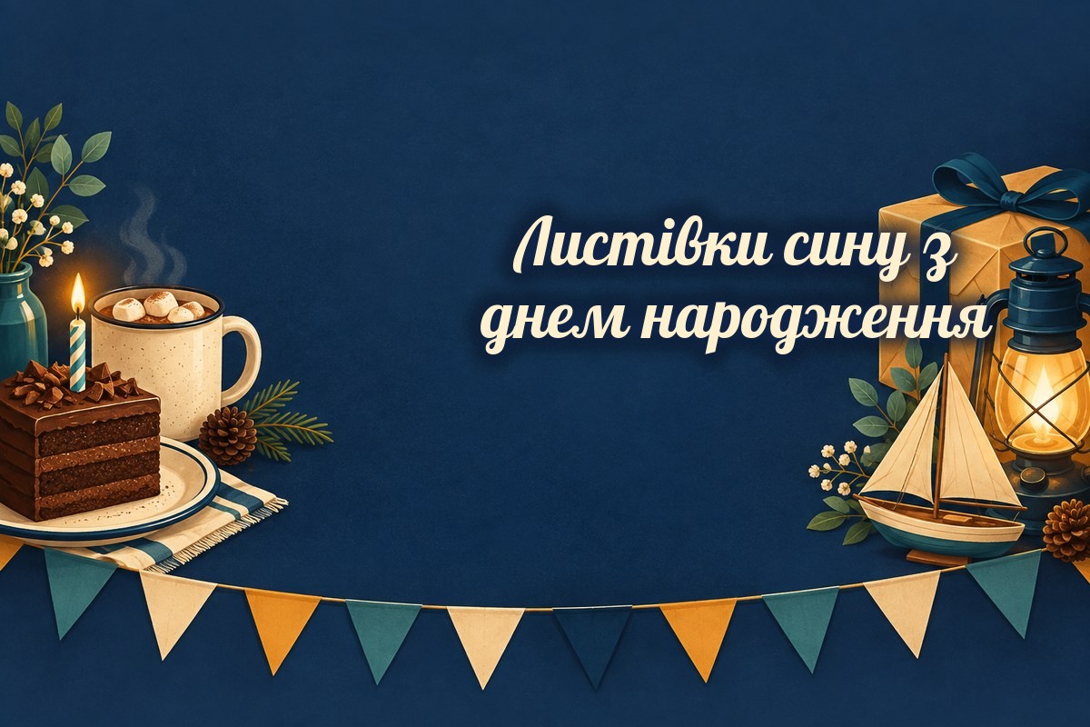 Листівки сину: торт, какао, ліхтар і кораблик