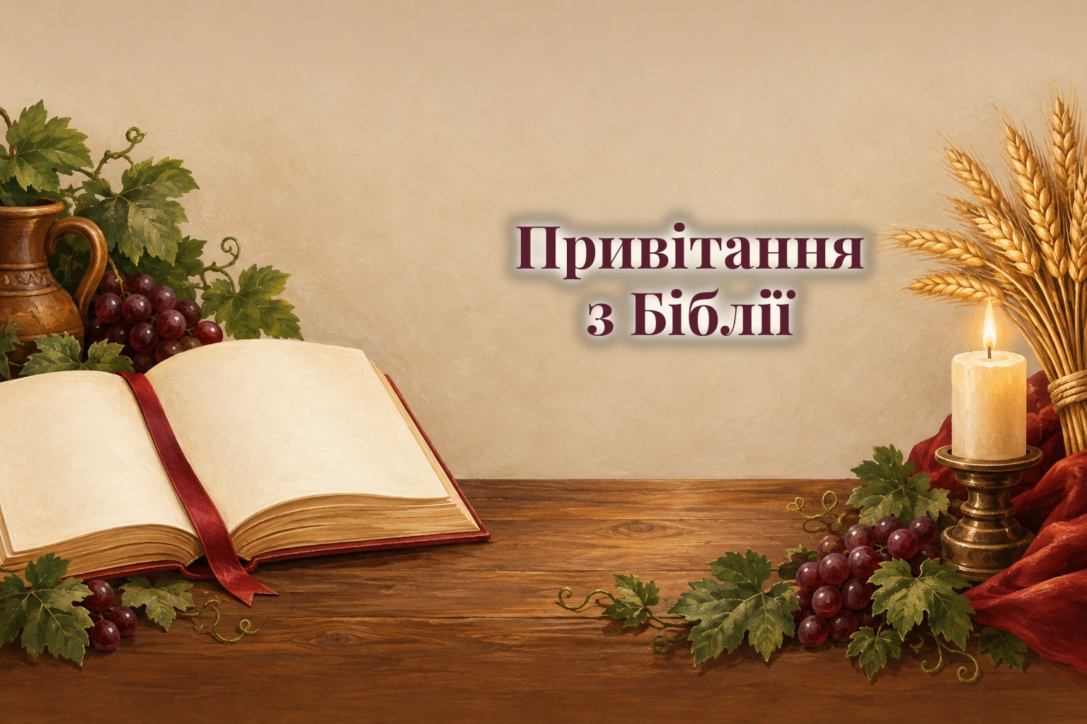 Розгорнута Біблія із закладкою, колоски і свічка