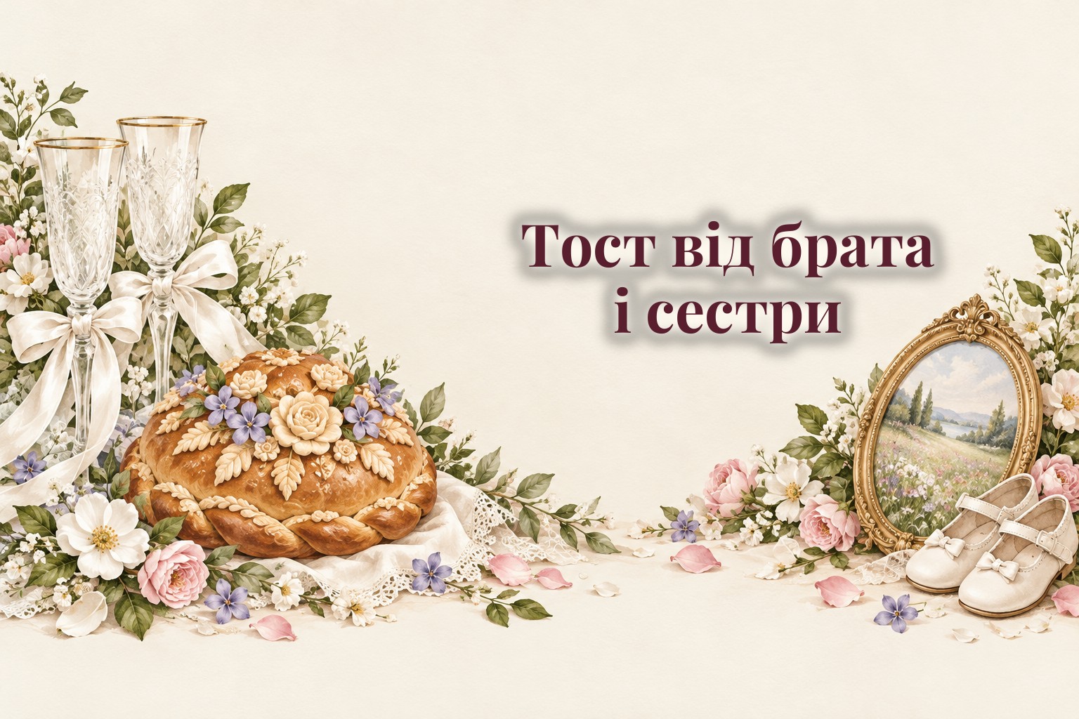 Весільні келихи зі стрічками, коровай з барвінком і рамка зі старим фото