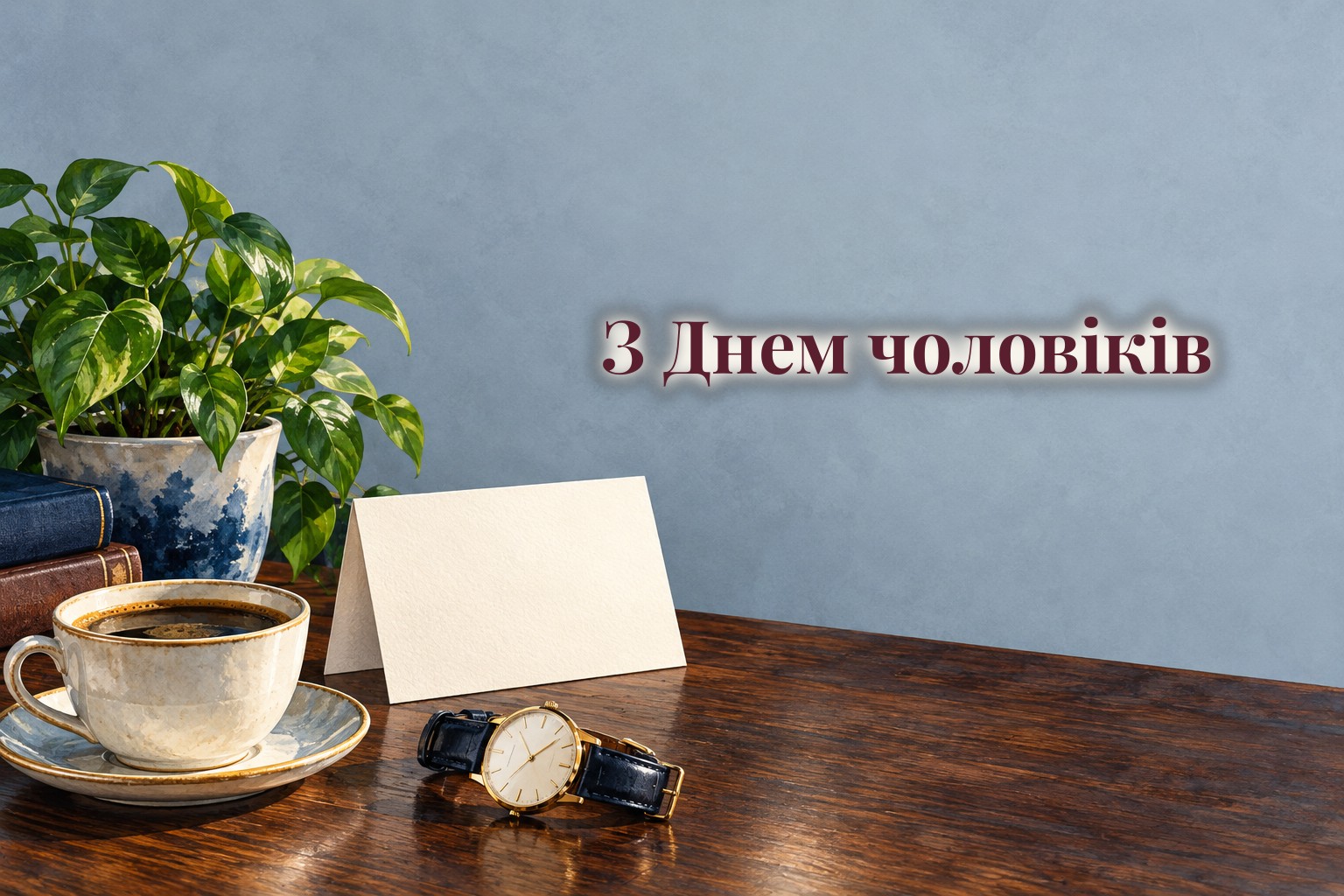 Кава, листівка, годинник і вазон на деревʼяному столі