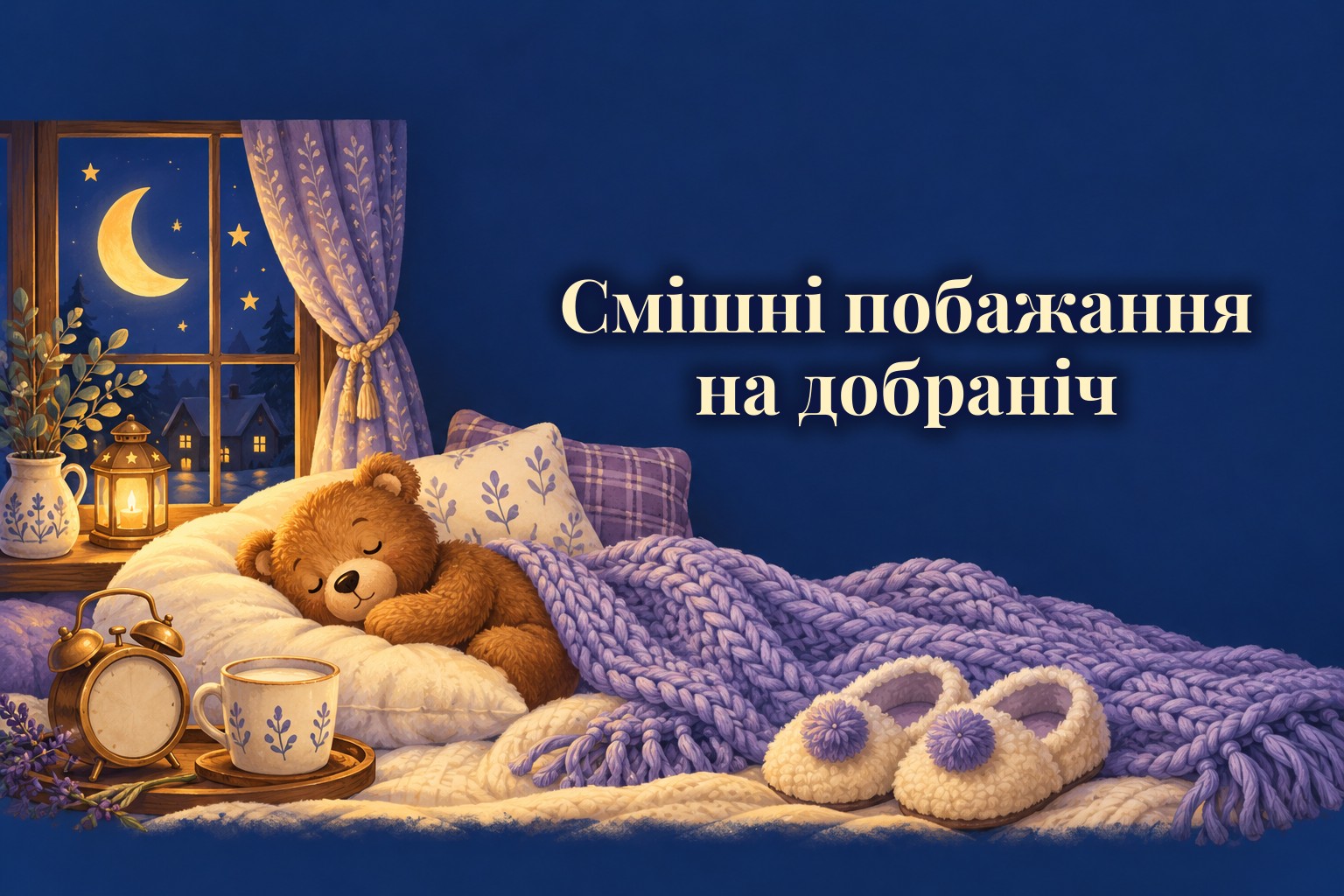 Подушка, плюшевий ведмедик, будильник і місяць за вікном