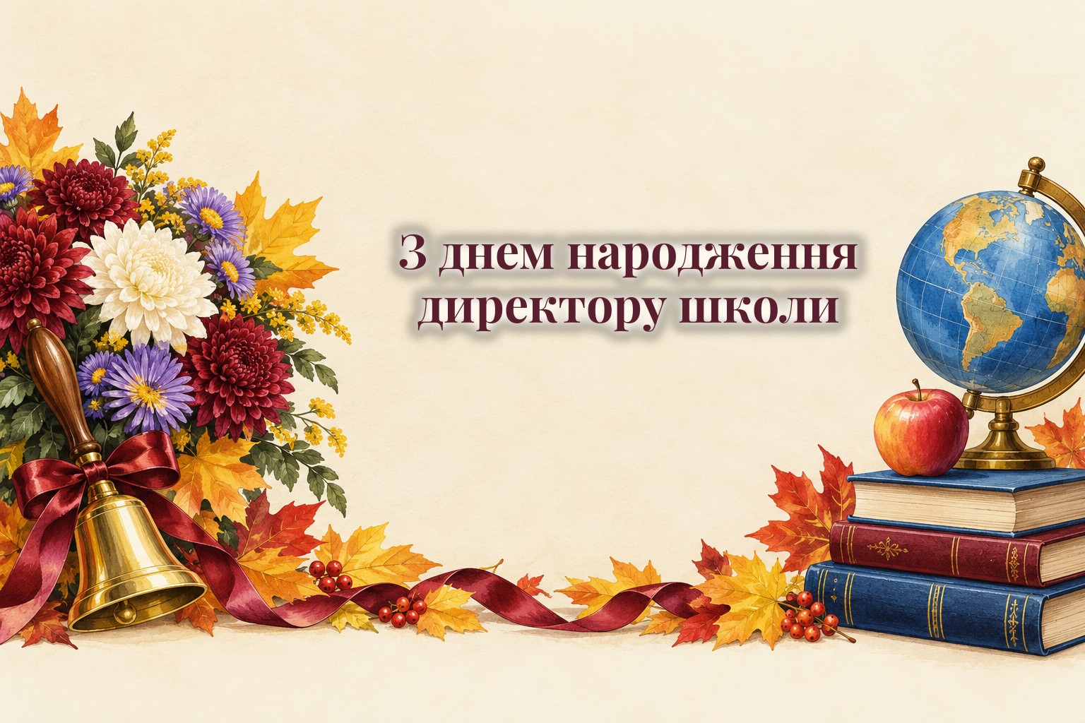 Шкільний дзвоник, букет і глобус на столі