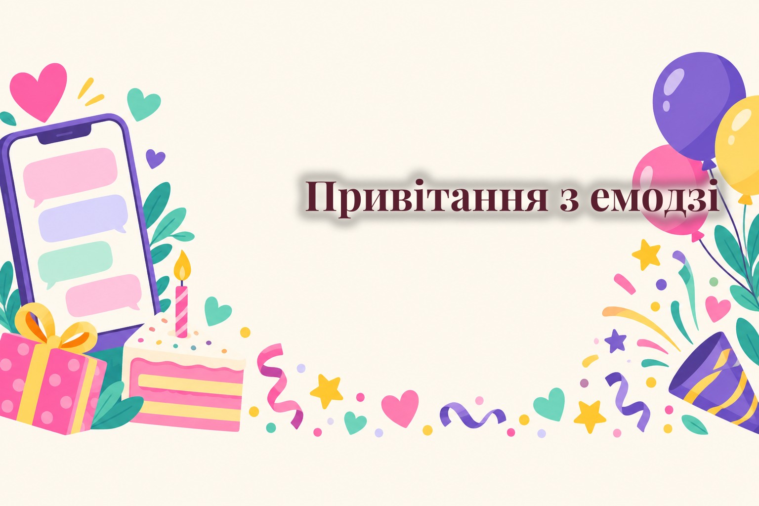 Телефон із бульбашками повідомлень, торт і кульки