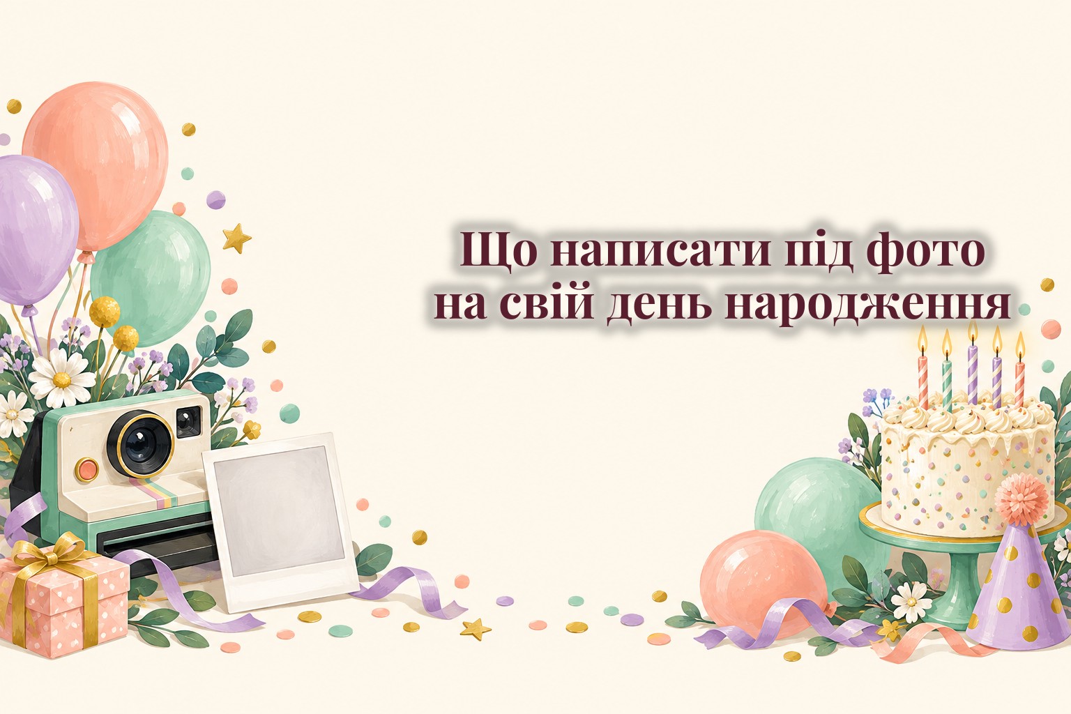Рамка для фото, торт зі свічками і святкові кульки