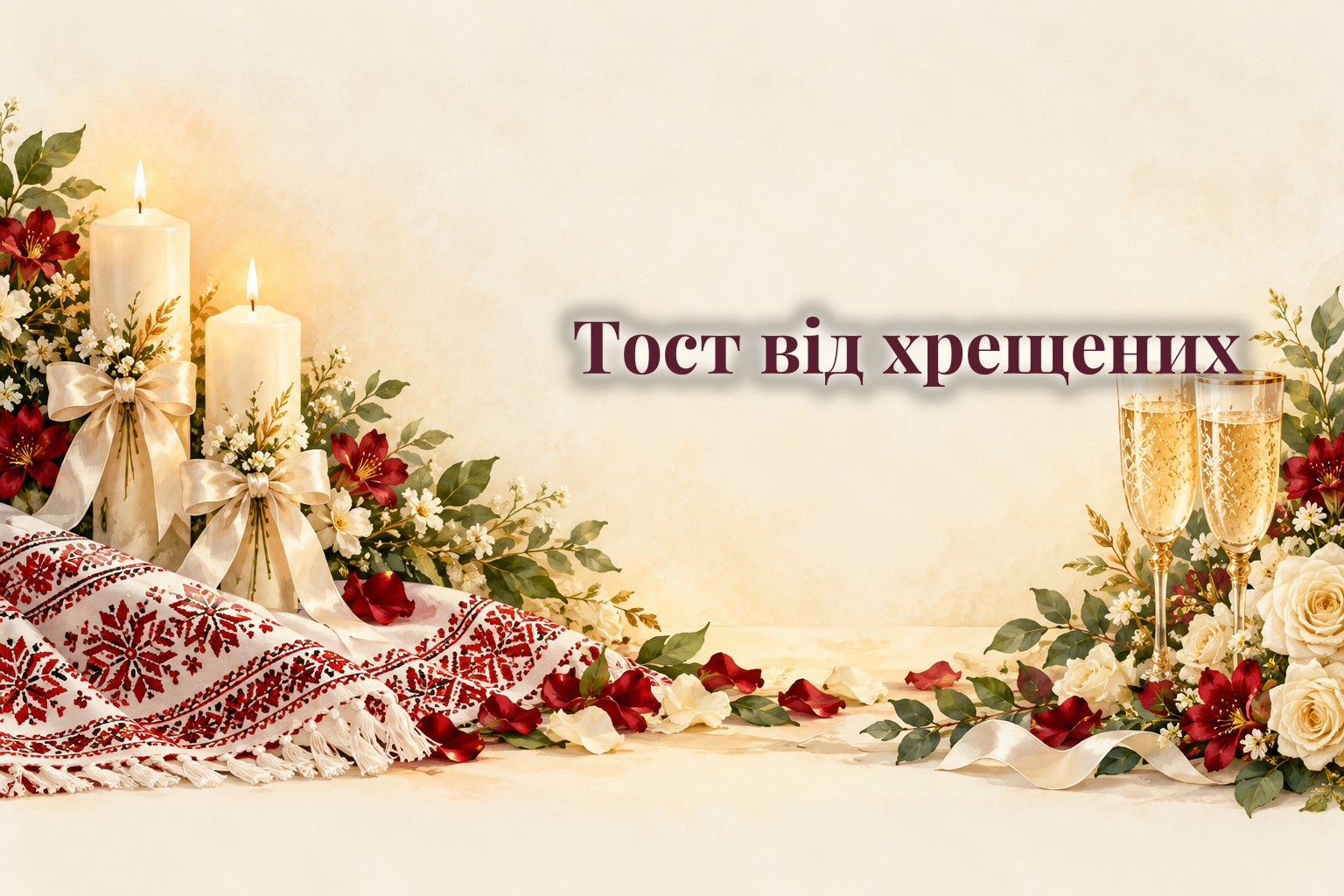 Весільні свічки, вишитий рушник, келихи і білі троянди