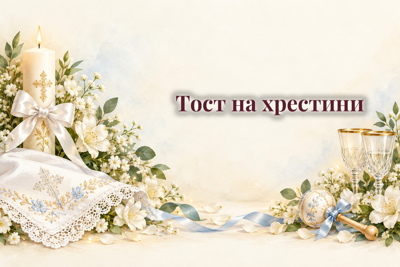 Вишите крижмо, свічка з білою стрічкою і квіти