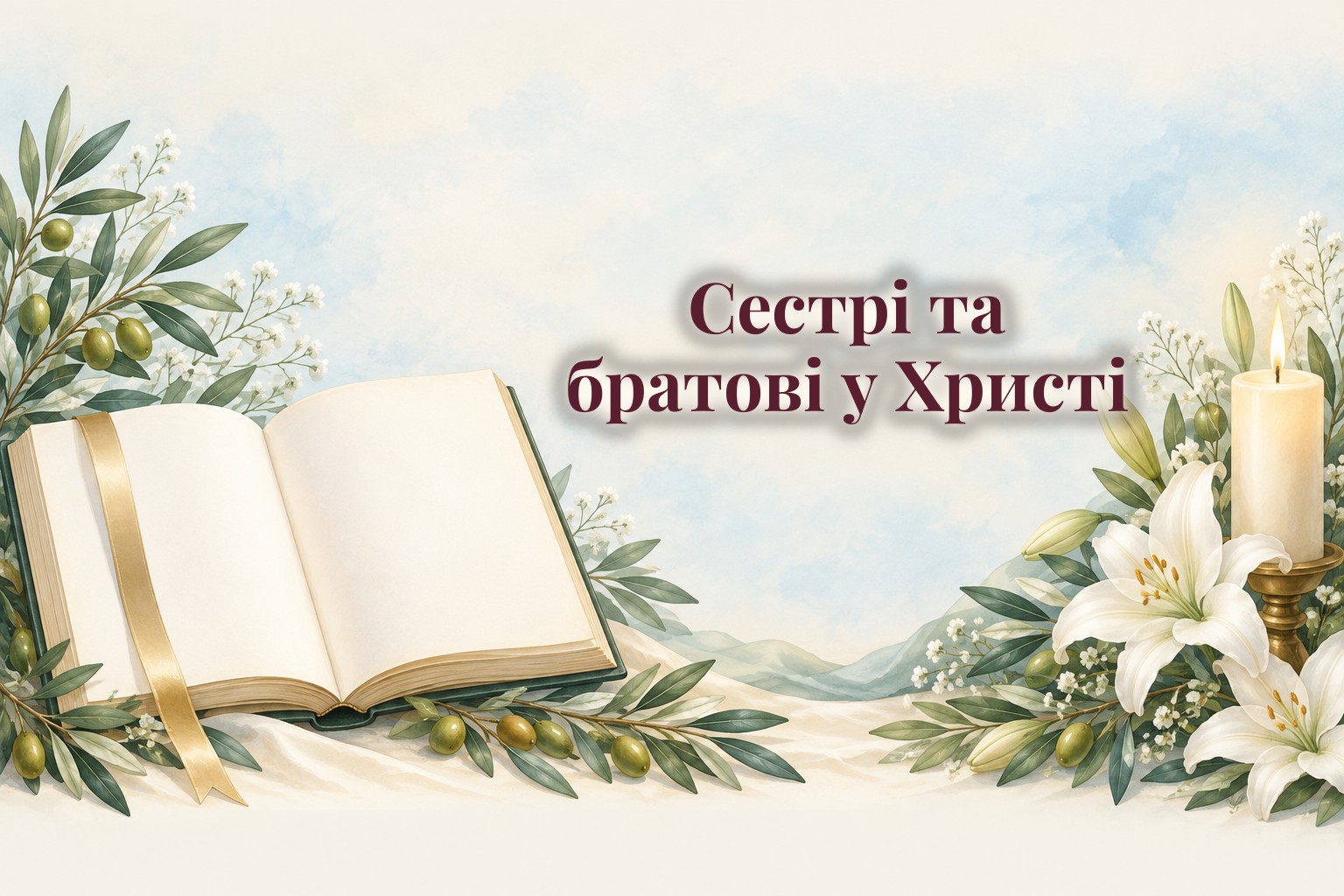 Розгорнута книга, лілії і свічка