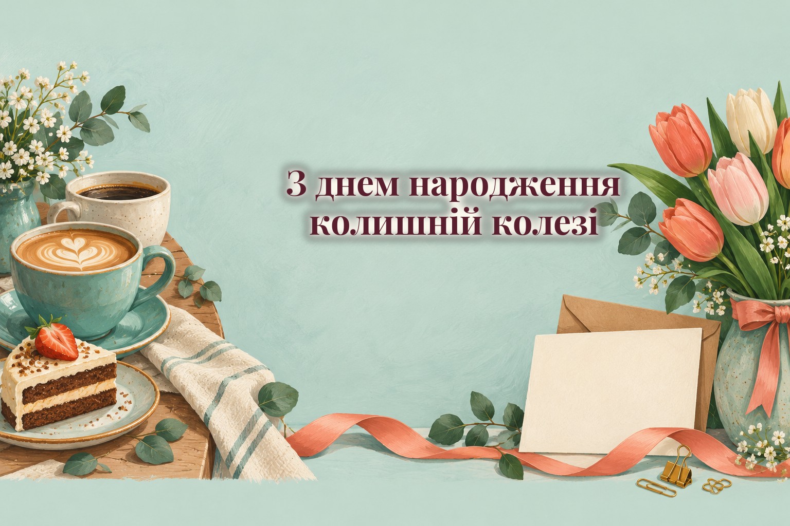 Дві чашки кави, листівка і букет на столі