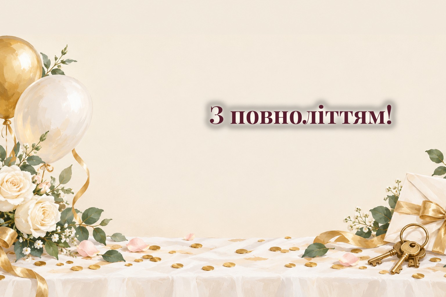 Конверт зі стрічкою, ключі на брелоку, кульки і квіти
