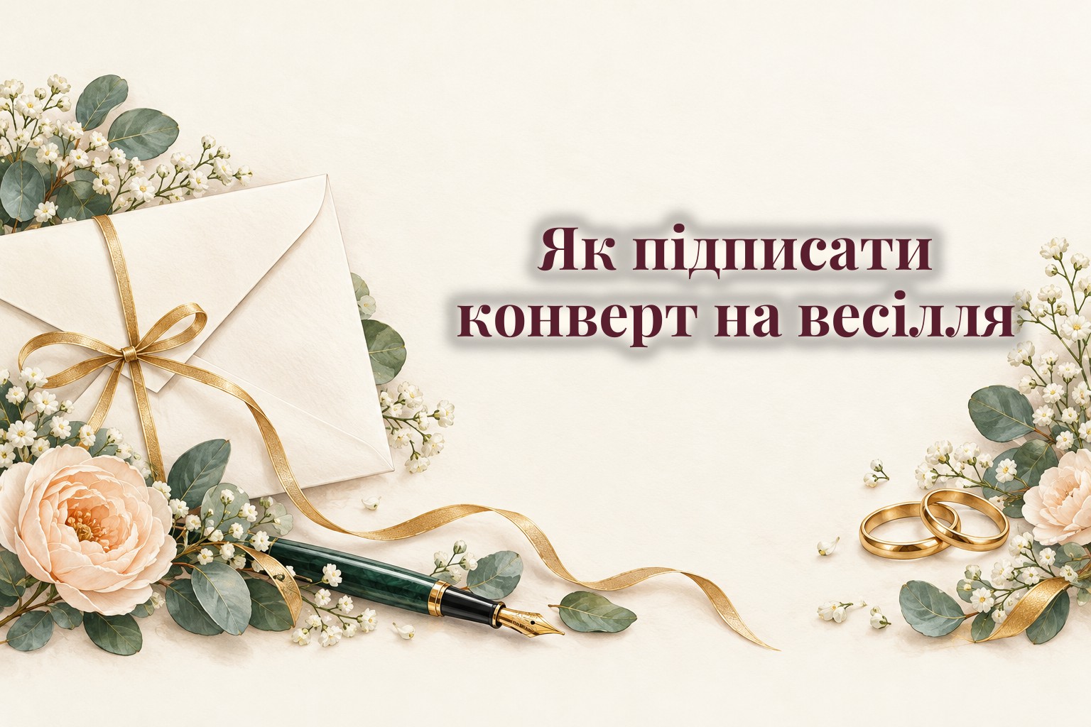 Весільний конверт зі стрічкою і обручки