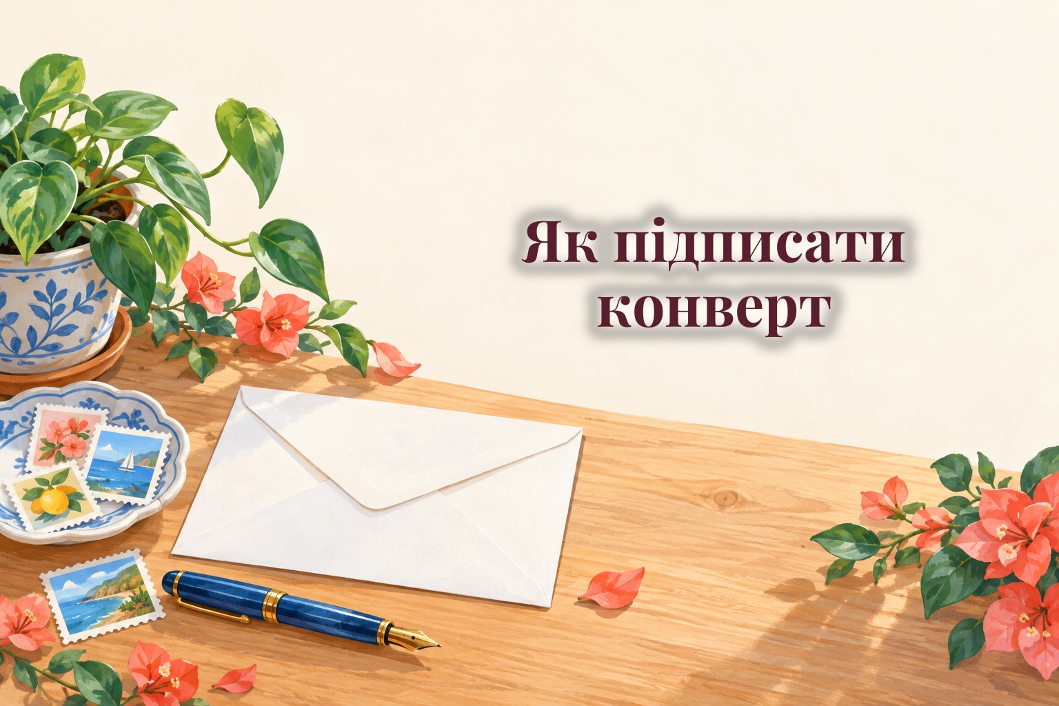 Поштовий конверт без написів, ручка і марки на столі