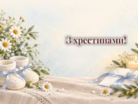 Білий конверт зі стрічкою, дитячі пінетки, свічка і гілочка оливи