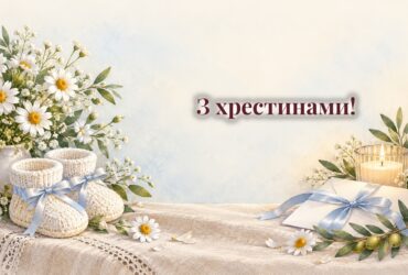 Білий конверт зі стрічкою, дитячі пінетки, свічка і гілочка оливи