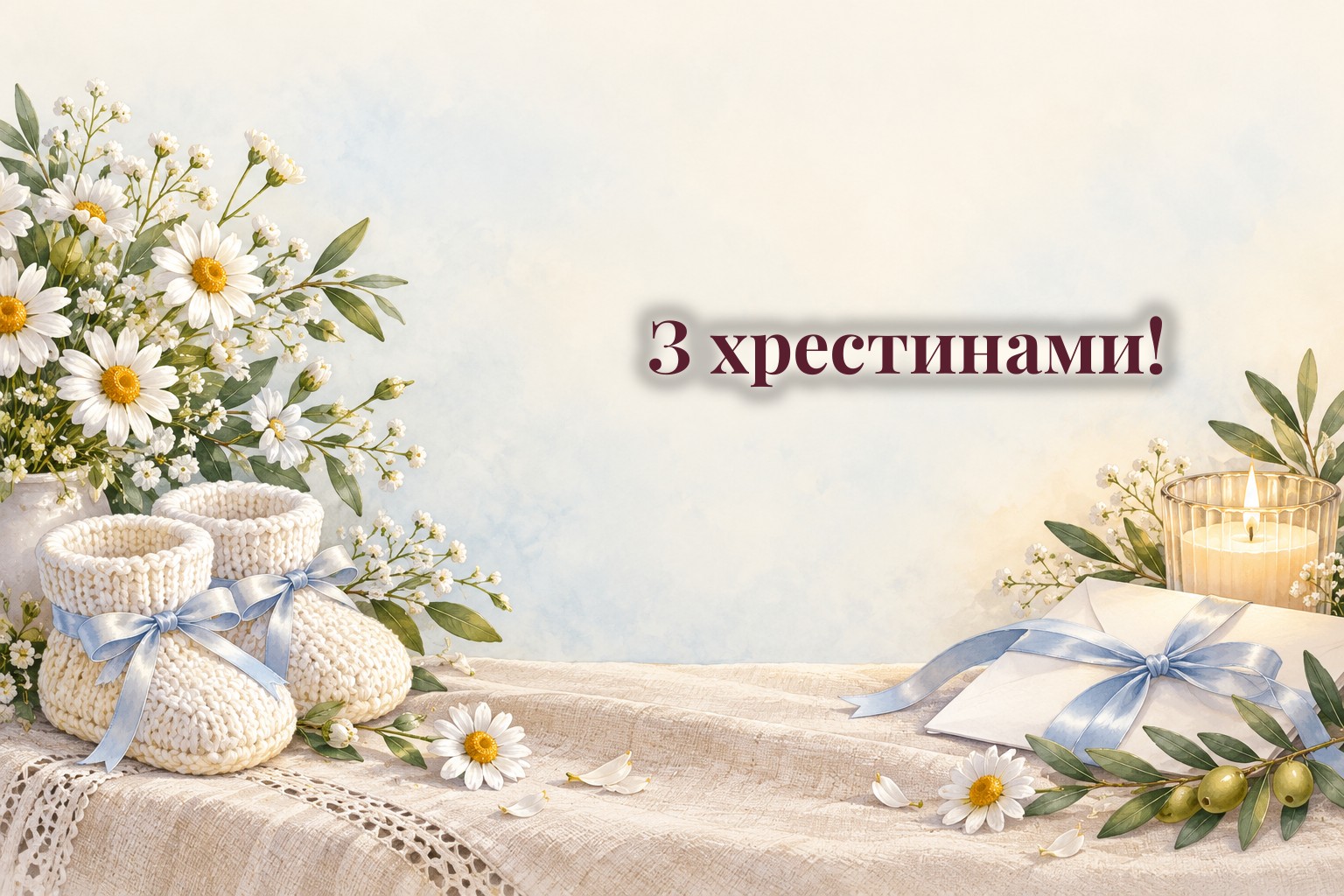 Білий конверт зі стрічкою, дитячі пінетки, свічка і гілочка оливи
