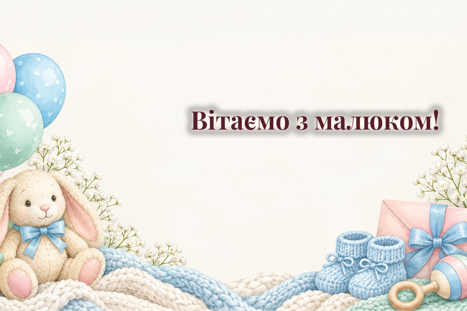 Конверт, дитячі пінетки, плюшевий зайчик і повітряні кульки