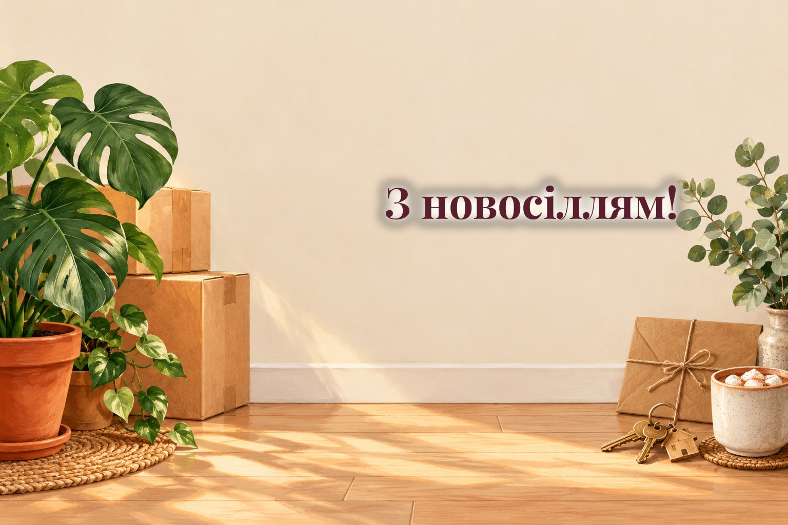 Конверт, ключі від дому, кімнатна рослина і чашка какао