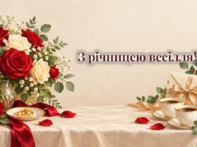 Конверт зі стрічкою, обручки, троянди і дві чашки кави