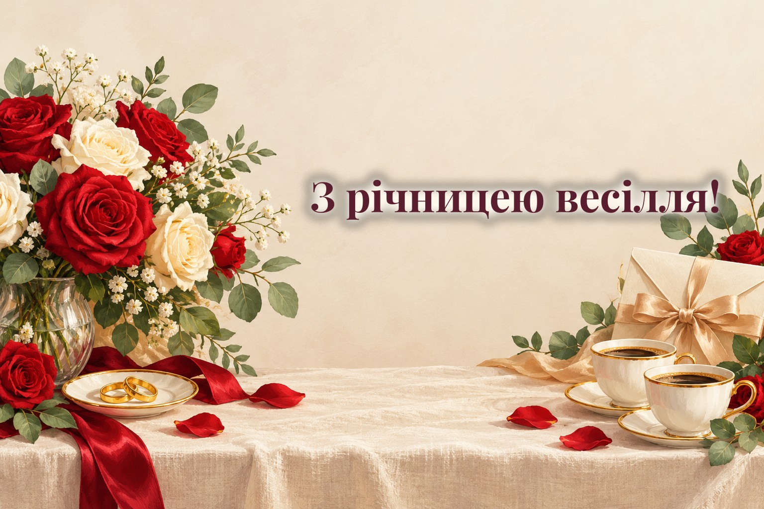 Конверт зі стрічкою, обручки, троянди і дві чашки кави