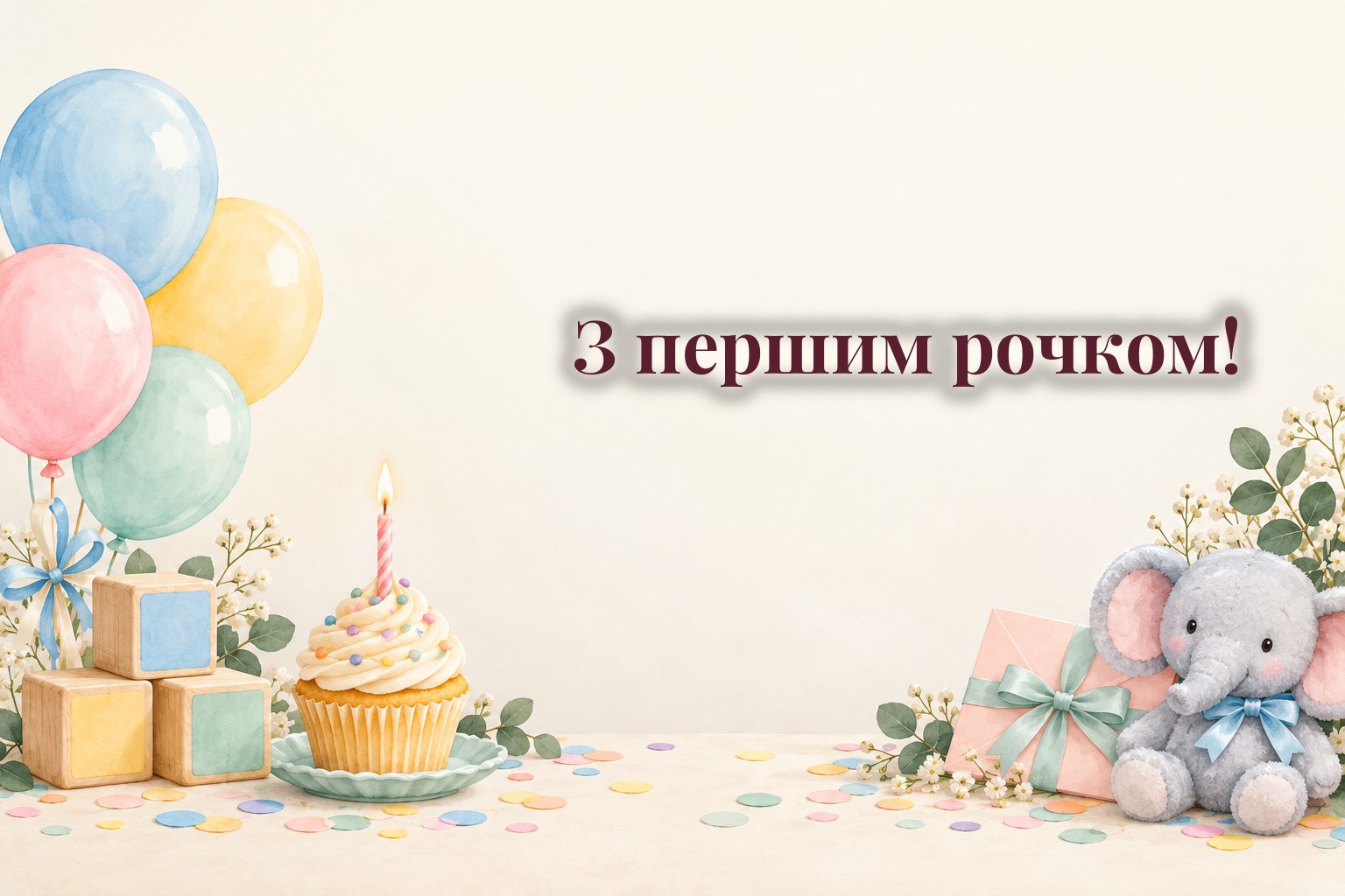 Конверт, кекс з однією свічкою, деревʼяні кубики і повітряні кульки