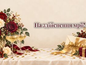 Святковий конверт із золотою стрічкою, букет троянд і келихи