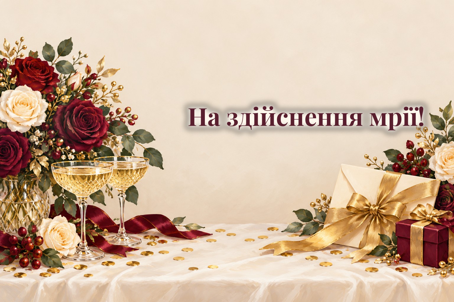 Святковий конверт із золотою стрічкою, букет троянд і келихи
