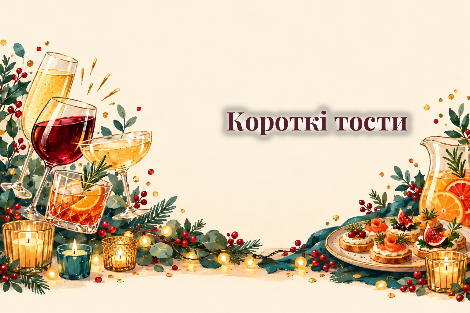 Келихи з різними напоями, канапки і святкові вогники