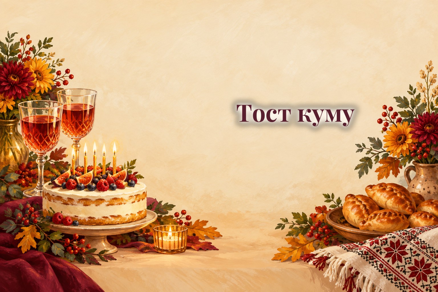 Святковий стіл з келихами, тортом зі свічками і вишитою серветкою