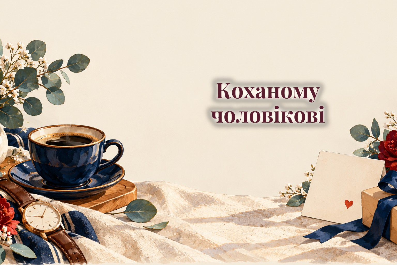 Листівка із сердечком, кава, годинник і гілочка евкаліпта
