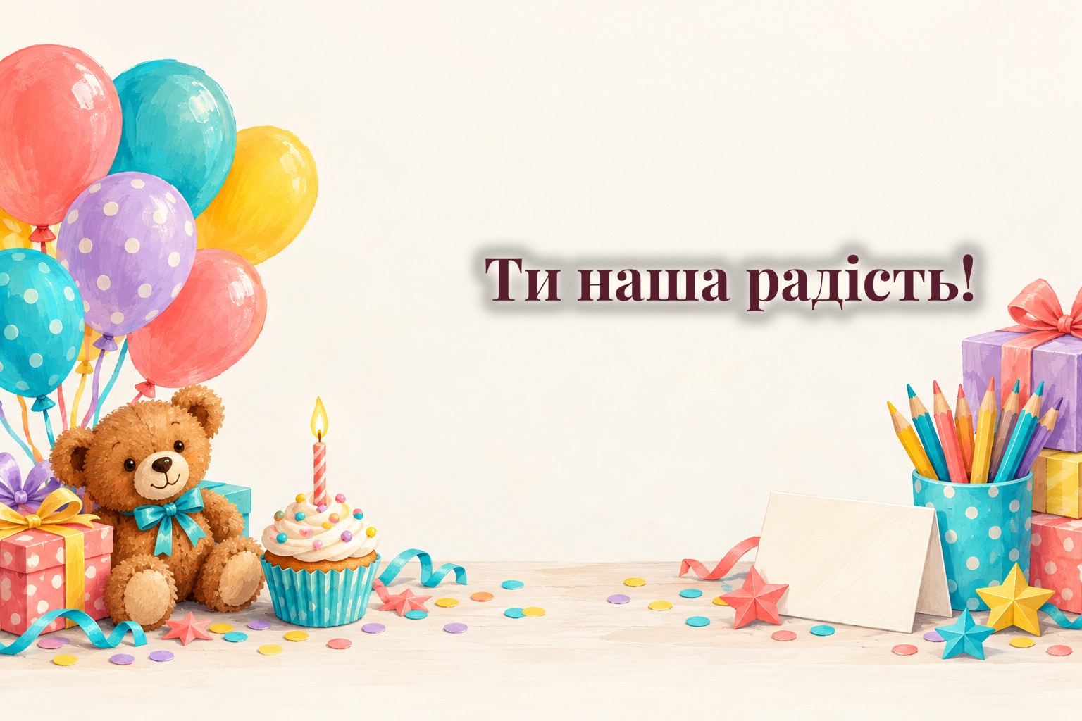 Дитяча листівка, повітряні кульки, плюшевий ведмедик, кольорові олівці і кекс зі свічкою