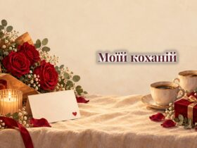 Листівка із сердечком, червоні троянди, свічка і дві чашки кави