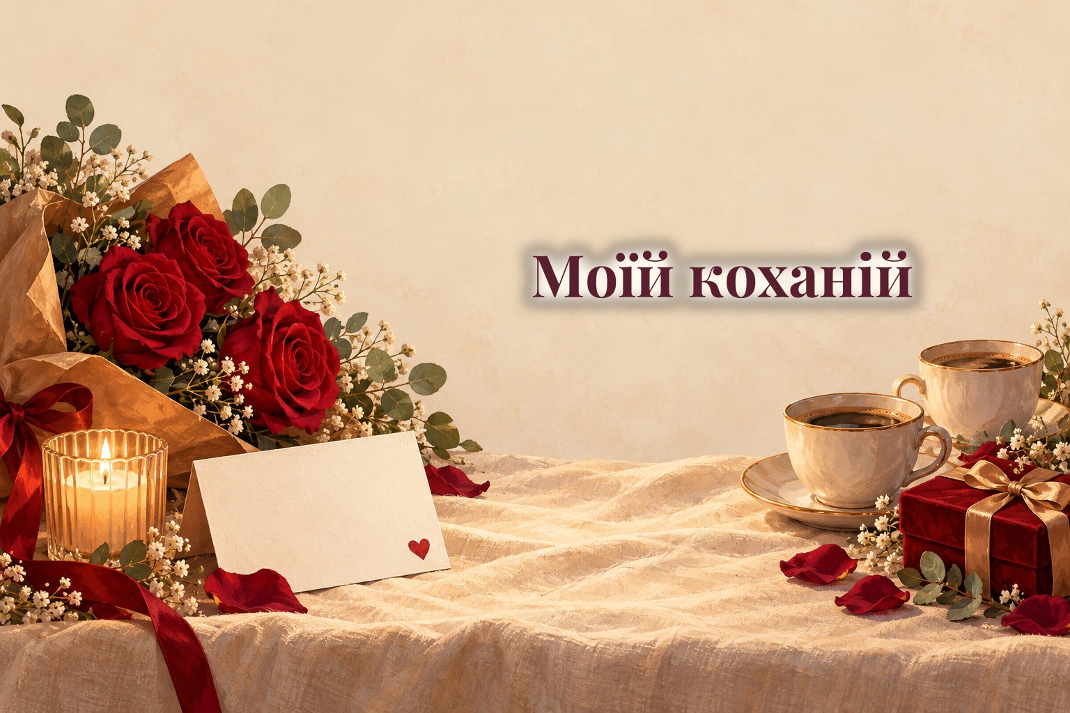 Листівка із сердечком, червоні троянди, свічка і дві чашки кави