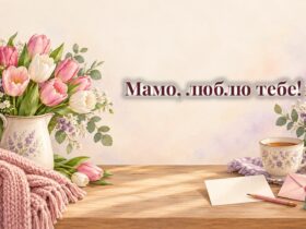 Листівка з тюльпанами, ручка, чашка чаю і вʼязаний плед