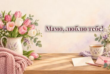 Листівка з тюльпанами, ручка, чашка чаю і вʼязаний плед