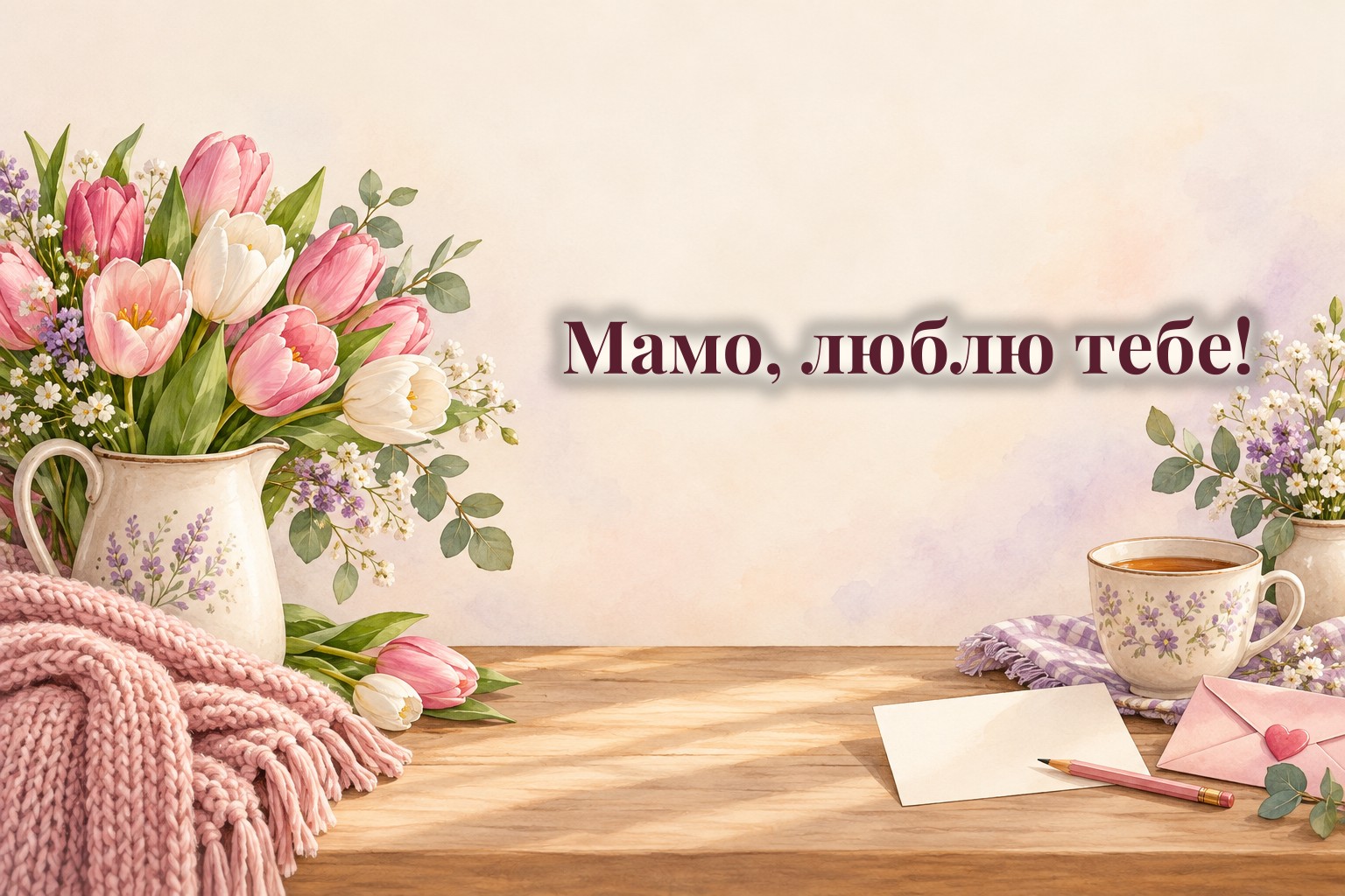 Листівка з тюльпанами, ручка, чашка чаю і вʼязаний плед
