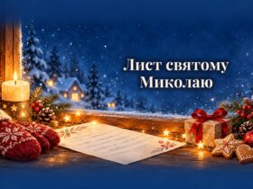 Дитячий лист на підвіконні, свічка, рукавички і подарунок