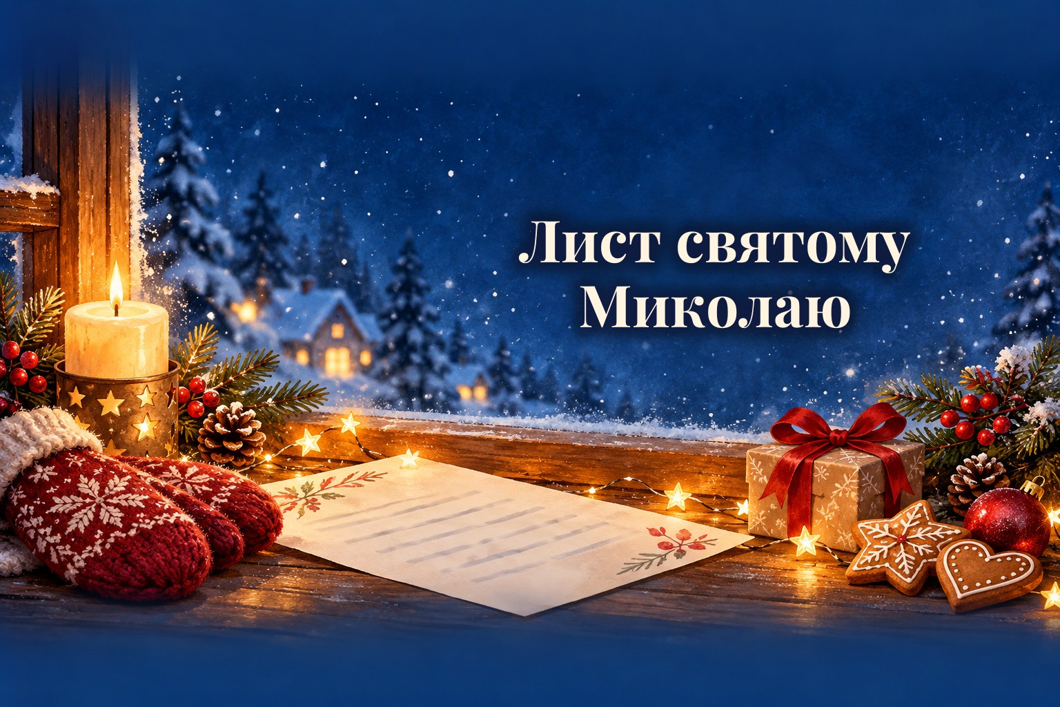 Дитячий лист на підвіконні, свічка, рукавички і подарунок