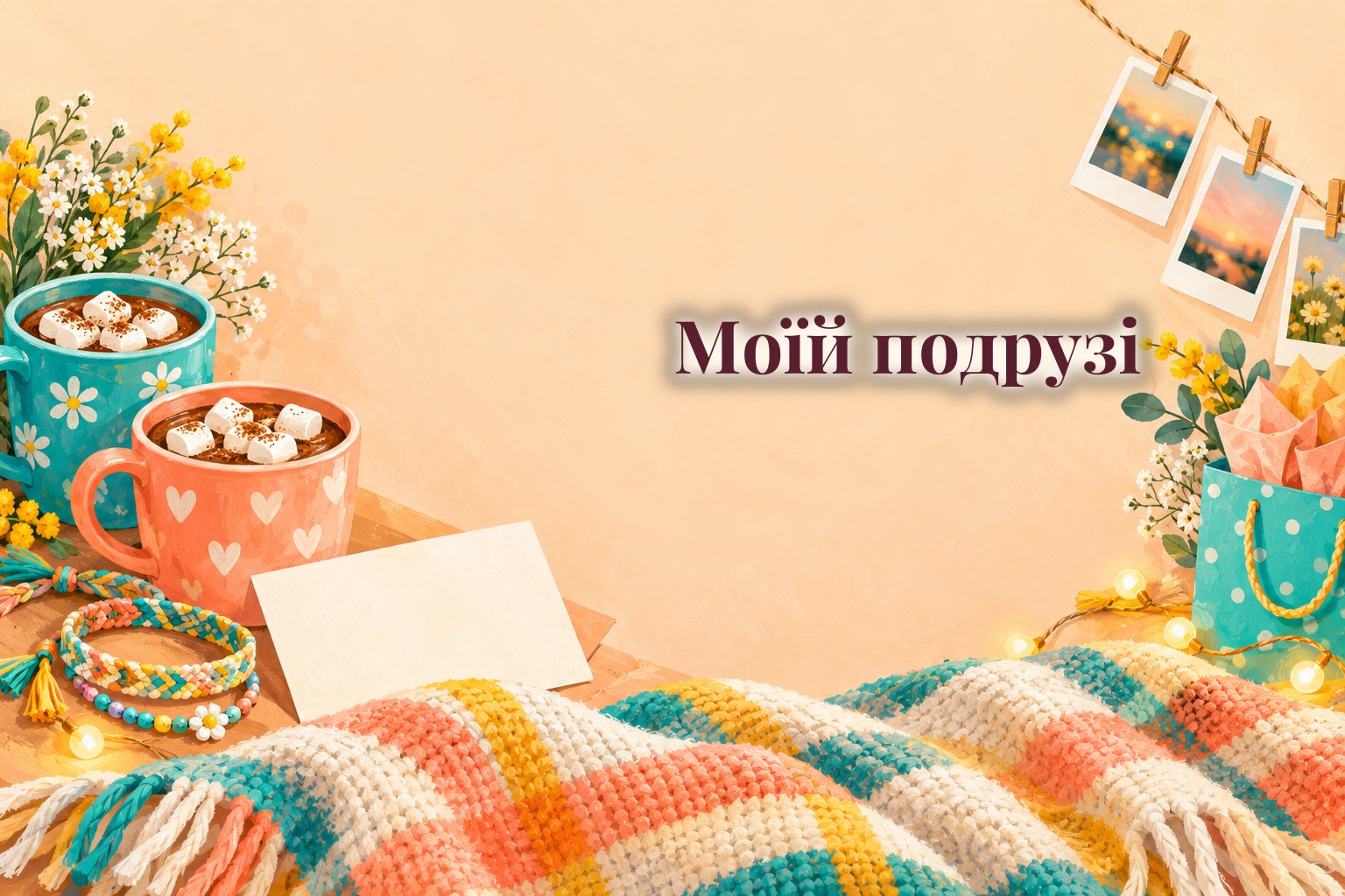 Дві чашки какао, листівка, браслети дружби і фото на шнурку