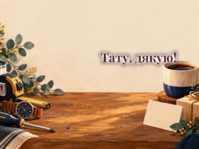 Листівка, рулетка, викрутка, кружка кави і наручний годинник на деревʼяному столі