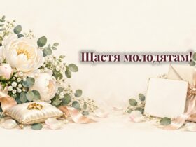Весільна листівка, обручки, білі півонії і конверт зі стрічкою