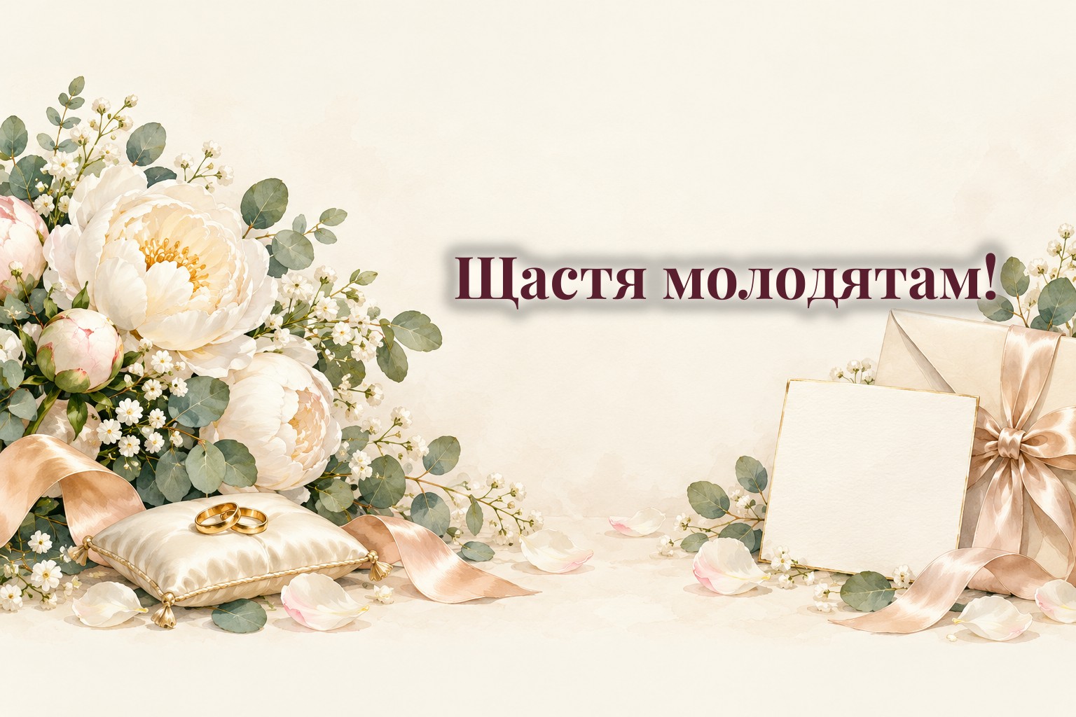 Весільна листівка, обручки, білі півонії і конверт зі стрічкою