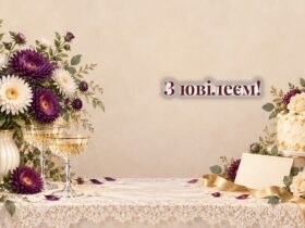 Святковий торт, букет айстр, листівка і келихи на скатертині