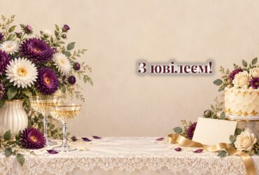 Святковий торт, букет айстр, листівка і келихи на скатертині