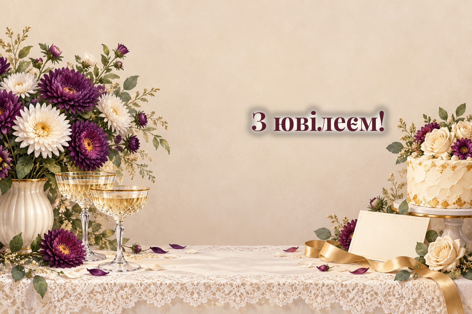 Святковий торт, букет айстр, листівка і келихи на скатертині