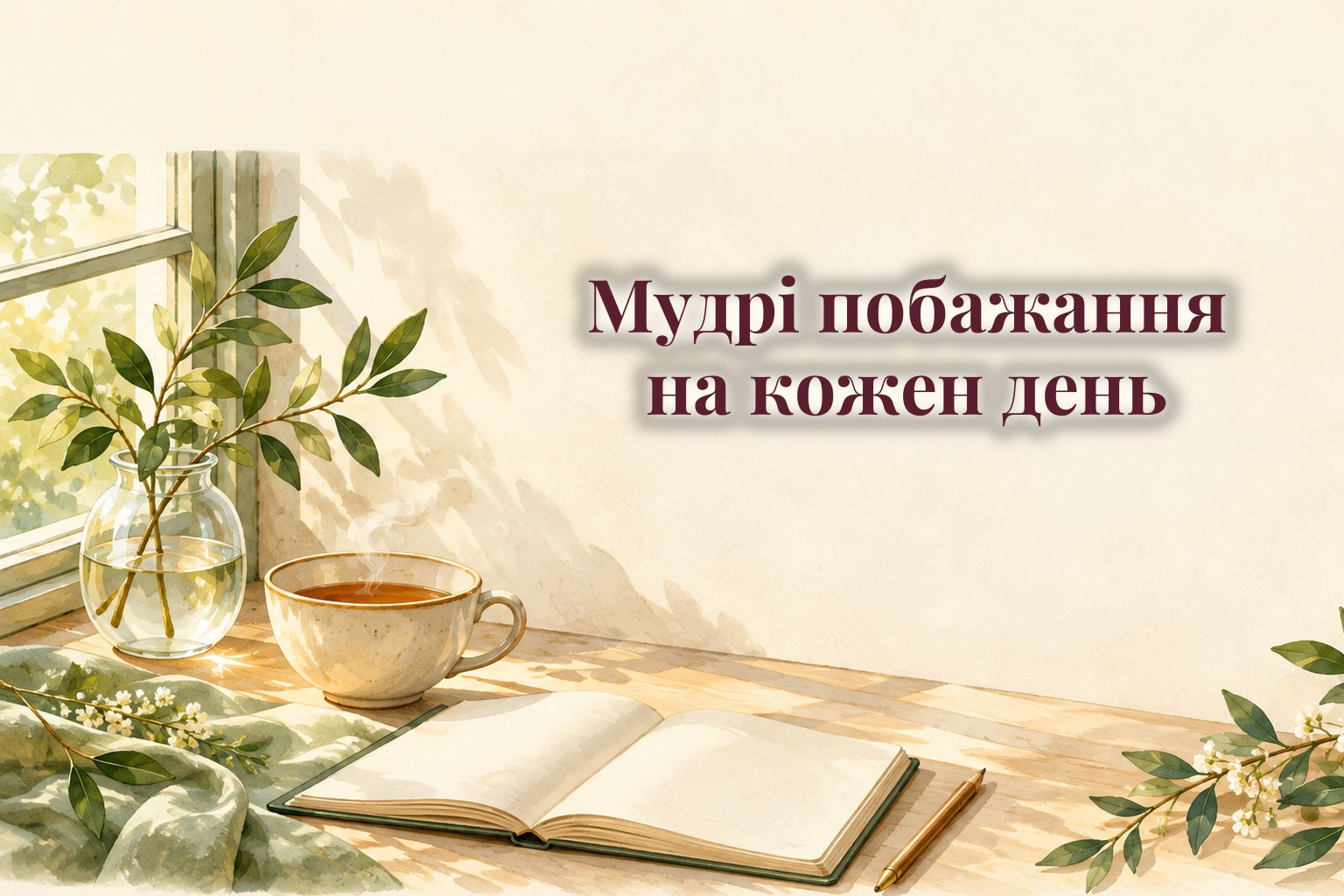 Чашка чаю, розкритий блокнот і гілка з листям у ранковому світлі