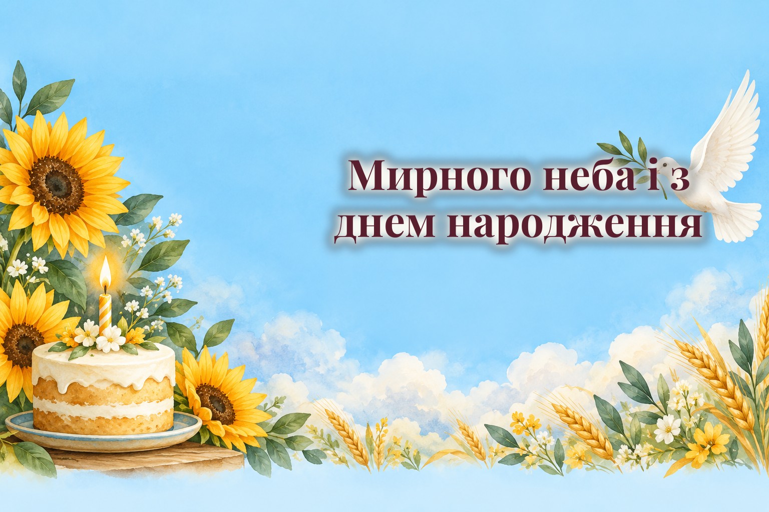 Свічка на торті, соняшники і голуб