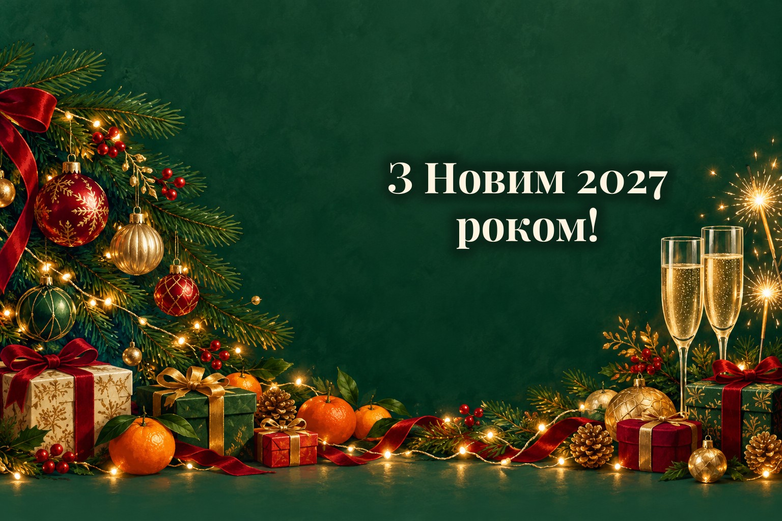 Ялинкова гілка з іграшками, келихи, бенгальські вогні і мандарини