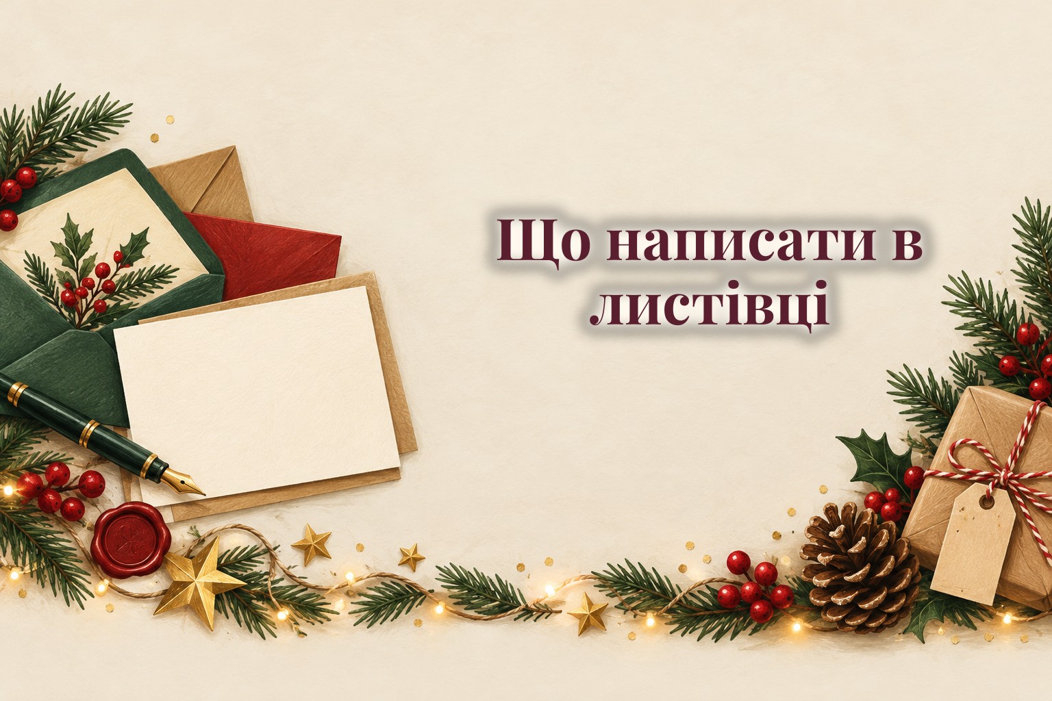 Порожні листівки, конверти, перо і ялинкова гілка